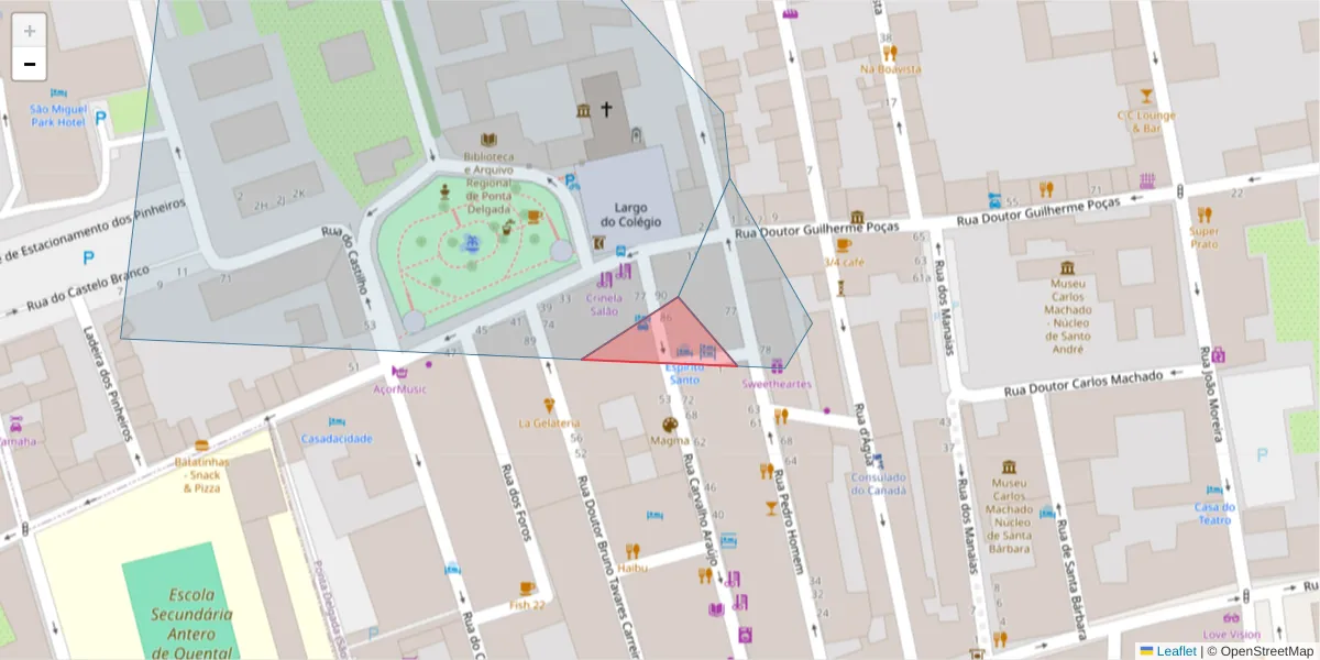 Mapa detalhado do código postal 9500-040 com limites, códigos postais vizinhos e agências dos correios