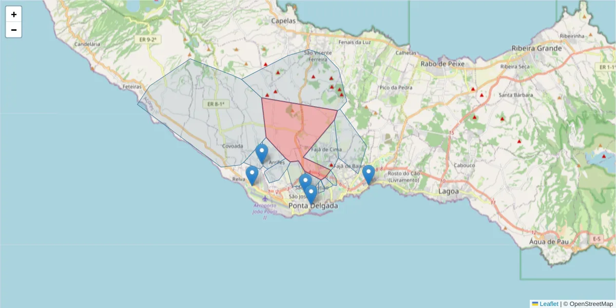 Mapa detalhado do código postal 9500-081 com limites, códigos postais vizinhos e agências dos correios