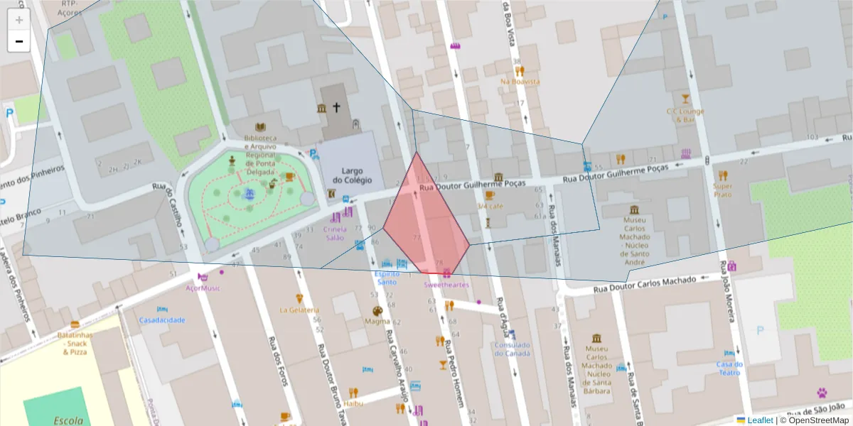 Mapa detalhado do código postal 9500-099 com limites, códigos postais vizinhos e agências dos correios