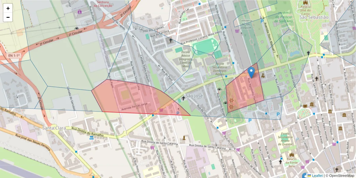 Mapa detalhado do código postal 9500-160 com limites, códigos postais vizinhos e agências dos correios