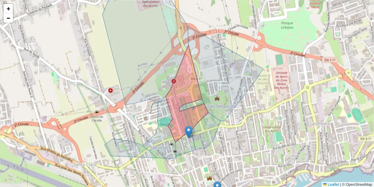 Mapa detalhado do código postal 9500-211 com limites, códigos postais vizinhos e agências dos correios
