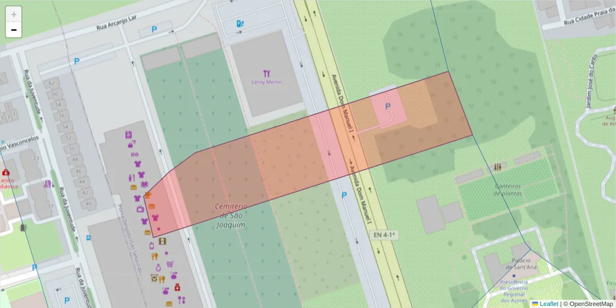 Mapa detalhado do código postal 9500-243 com limites, códigos postais vizinhos e agências dos correios
