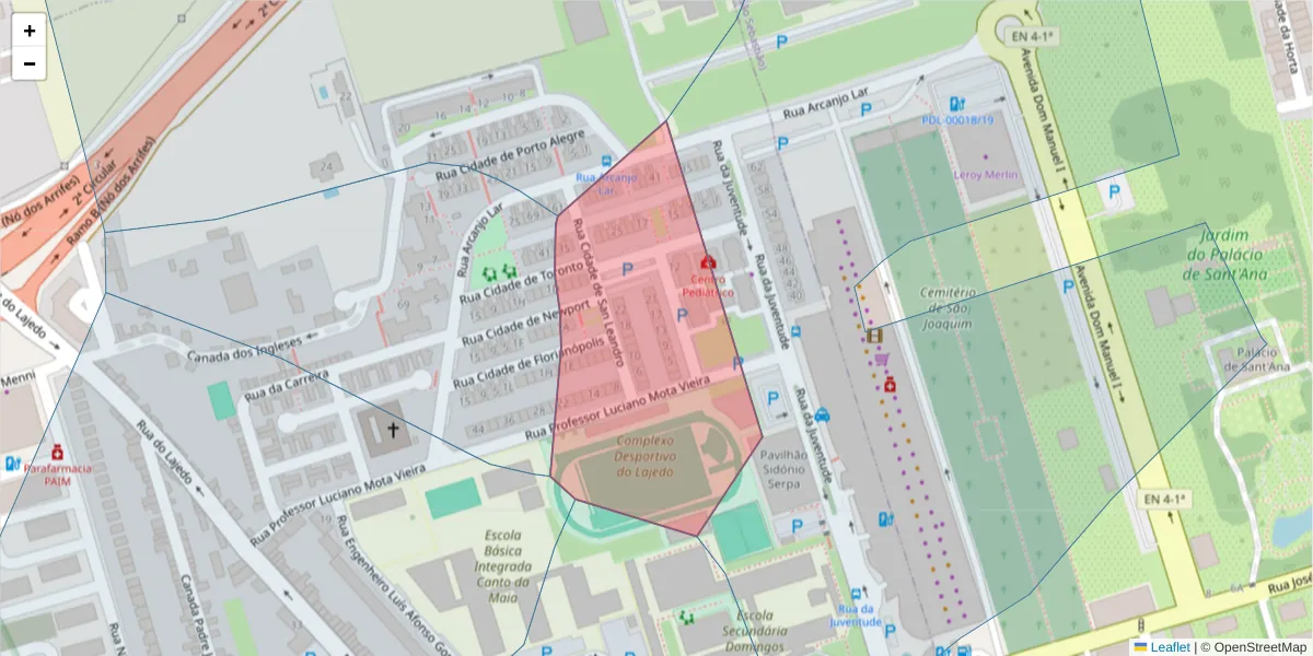Mapa detalhado do código postal 9500-245 com limites, códigos postais vizinhos e agências dos correios