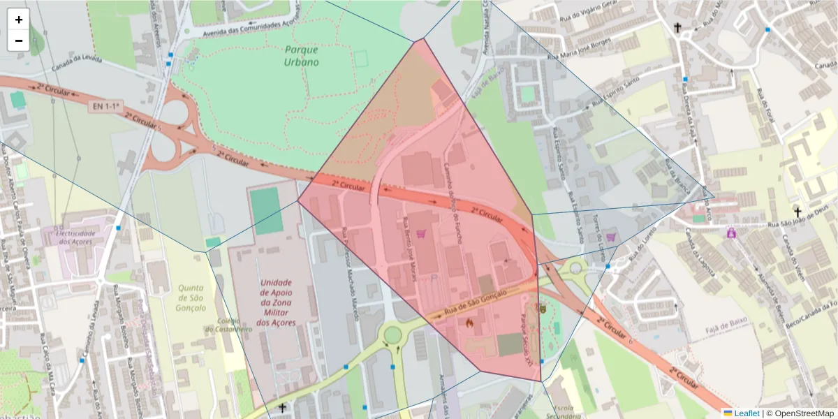 Mapa detalhado do código postal 9500-435 com limites, códigos postais vizinhos e agências dos correios