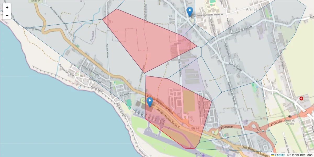 Mapa detalhado do código postal 9500-652 com limites, códigos postais vizinhos e agências dos correios