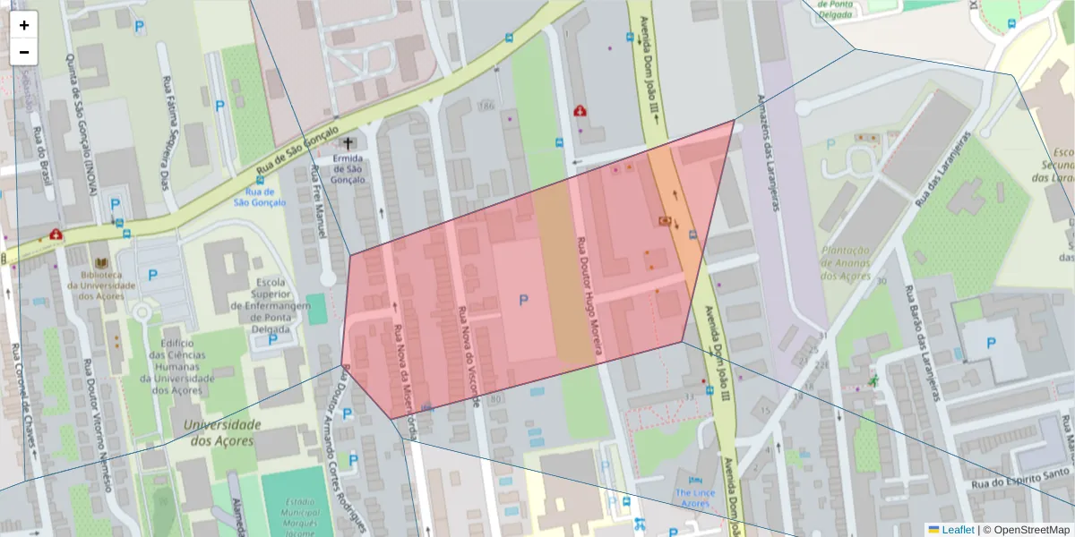 Mapa detalhado do código postal 9500-791 com limites, códigos postais vizinhos e agências dos correios