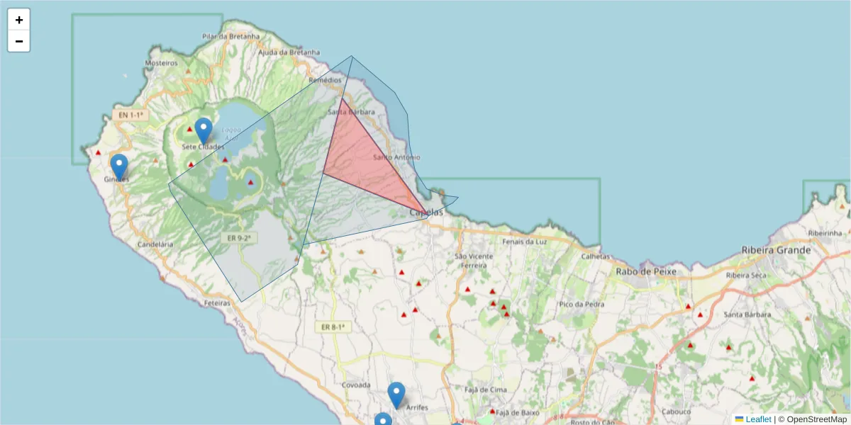 Mapa detalhado do código postal 9545-000 com limites, códigos postais vizinhos e agências dos correios