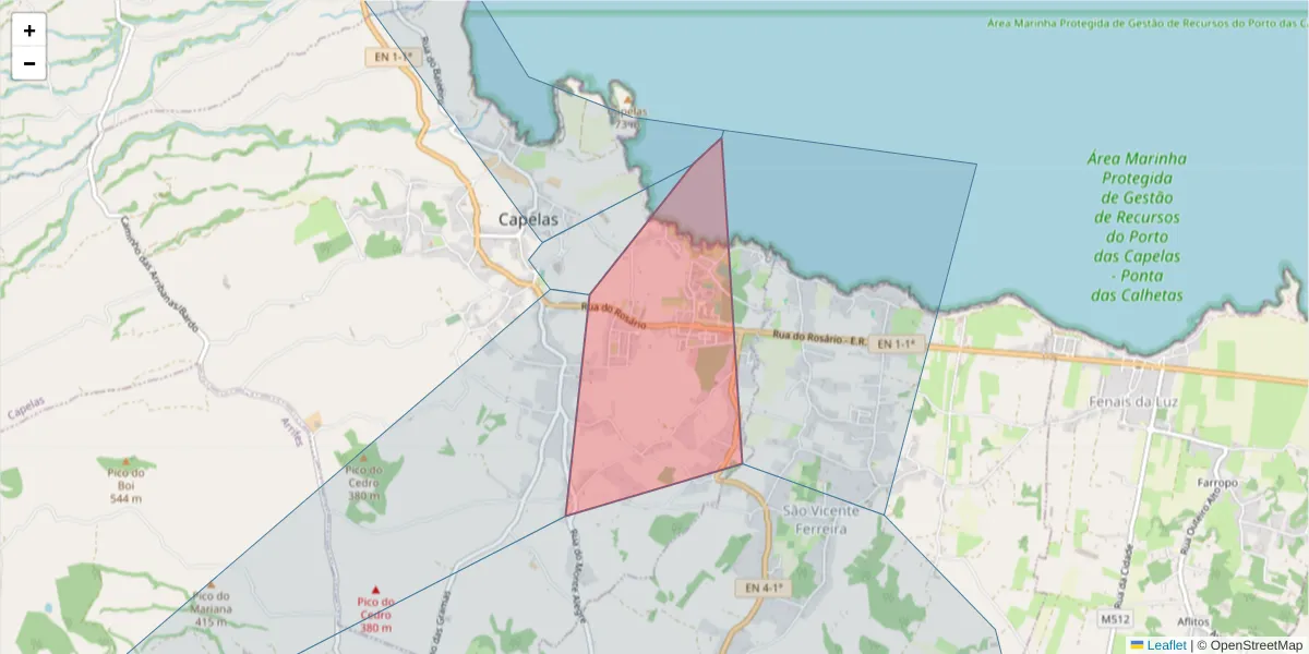 Mapa detalhado do código postal 9545-142 com limites, códigos postais vizinhos e agências dos correios