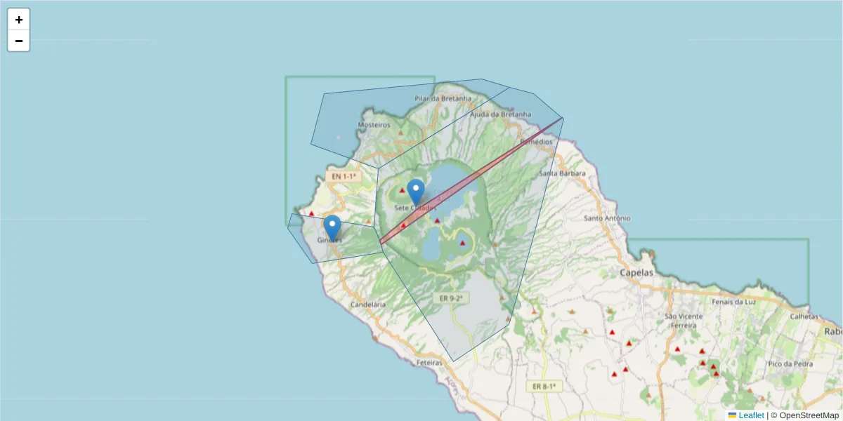 Mapa detalhado do código postal 9555-202 com limites, códigos postais vizinhos e agências dos correios