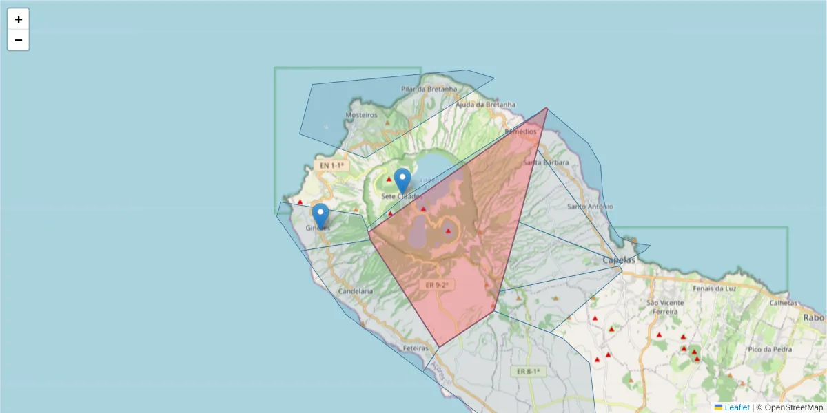Mapa detalhado do código postal 9555-203 com limites, códigos postais vizinhos e agências dos correios