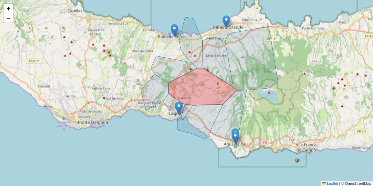 Mapa detalhado do código postal 9560-311 com limites, códigos postais vizinhos e agências dos correios