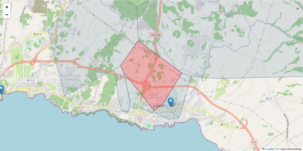 Mapa detalhado do código postal 9560-421 com limites, códigos postais vizinhos e agências dos correios