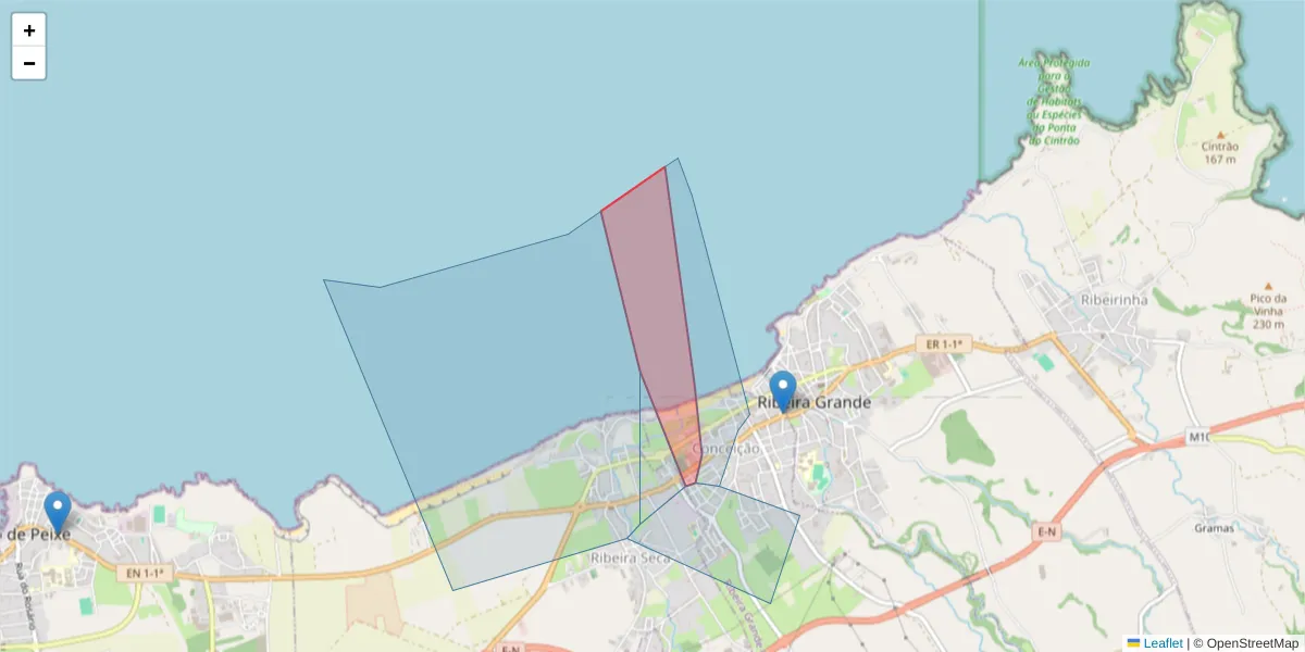 Mapa detalhado do código postal 9600-525 com limites, códigos postais vizinhos e agências dos correios