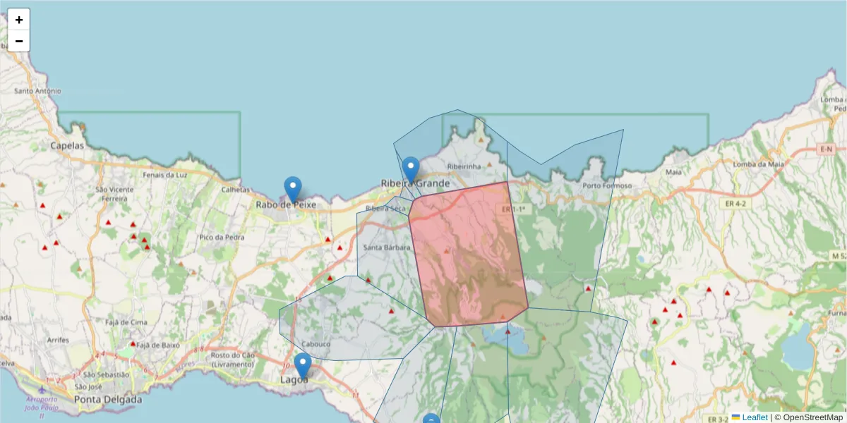 Mapa detalhado do código postal 9600-533 com limites, códigos postais vizinhos e agências dos correios