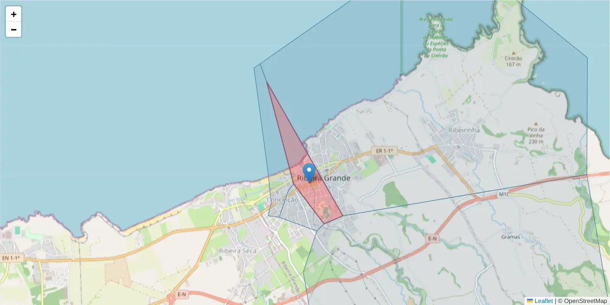 Mapa detalhado do código postal 9600-555 com limites, códigos postais vizinhos e agências dos correios