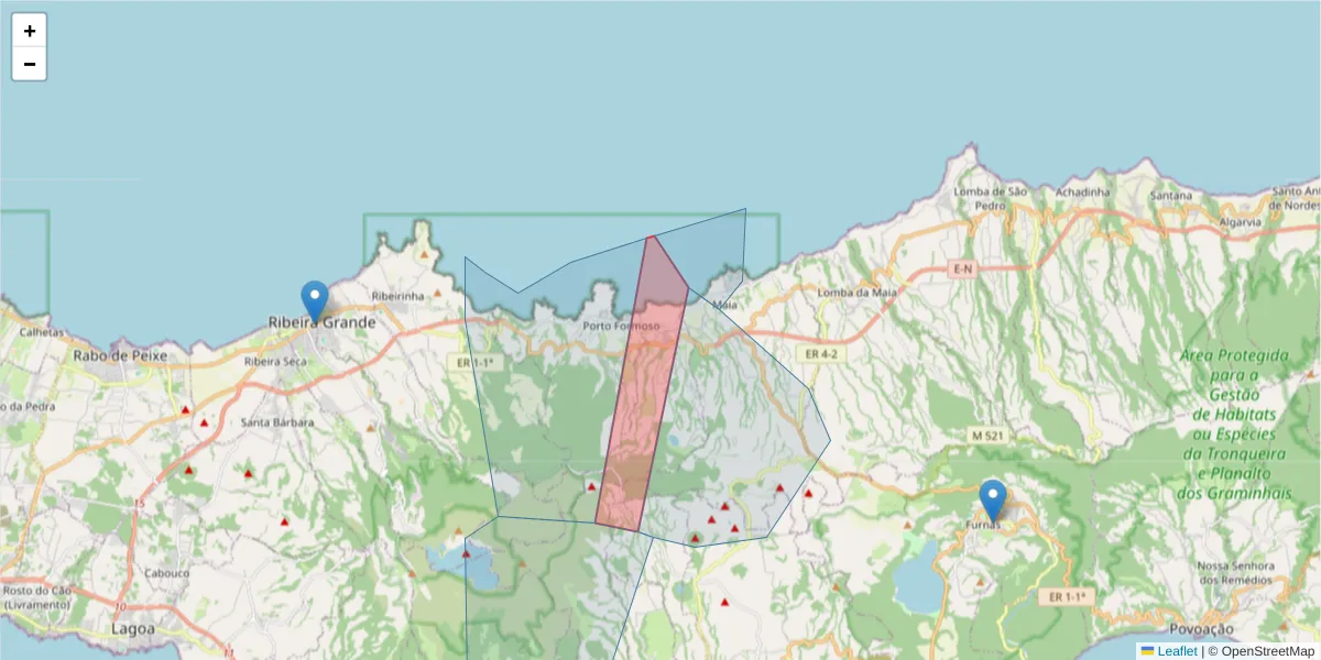 Mapa detalhado do código postal 9625-511 com limites, códigos postais vizinhos e agências dos correios