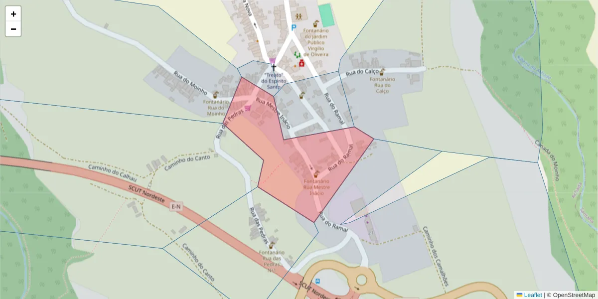 Mapa detalhado do código postal 9630-021 com limites, códigos postais vizinhos e agências dos correios