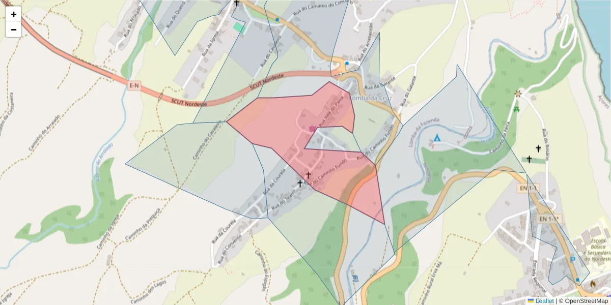 Mapa detalhado do código postal 9630-087 com limites, códigos postais vizinhos e agências dos correios
