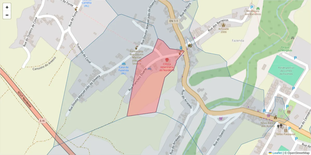 Mapa detalhado do código postal 9630-104 com limites, códigos postais vizinhos e agências dos correios