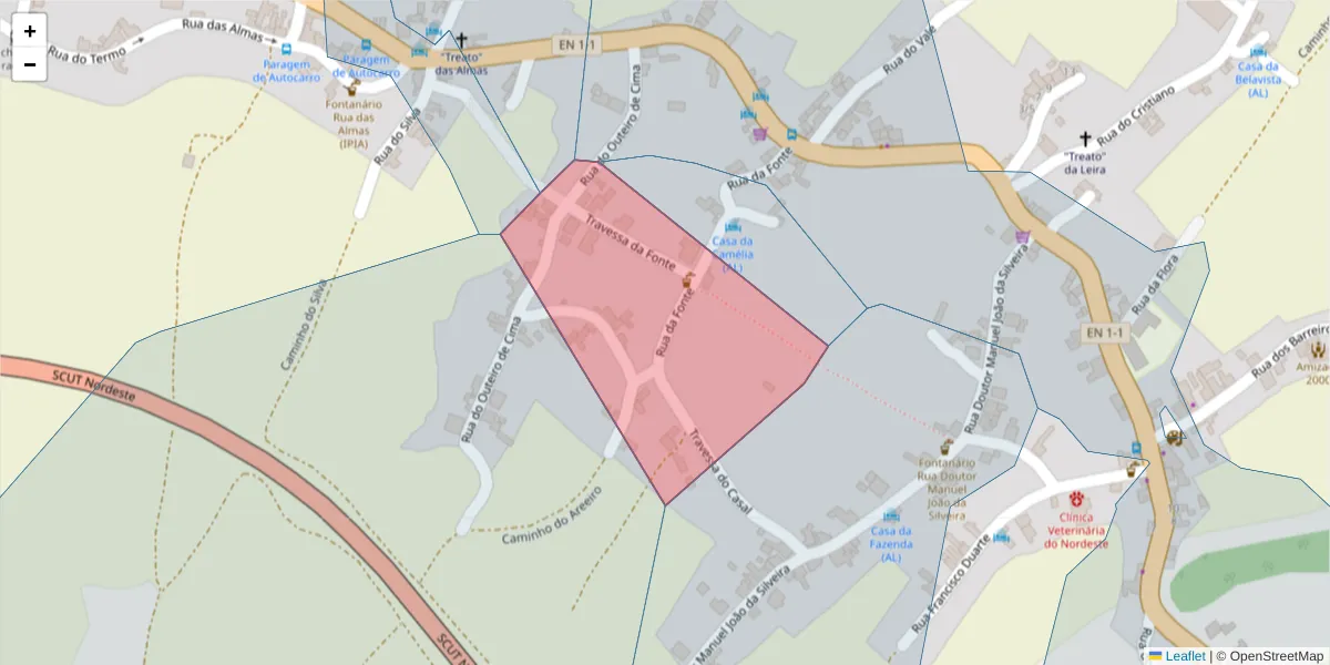 Mapa detalhado do código postal 9630-117 com limites, códigos postais vizinhos e agências dos correios