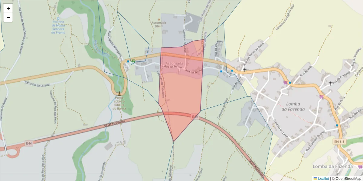 Mapa detalhado do código postal 9630-122 com limites, códigos postais vizinhos e agências dos correios
