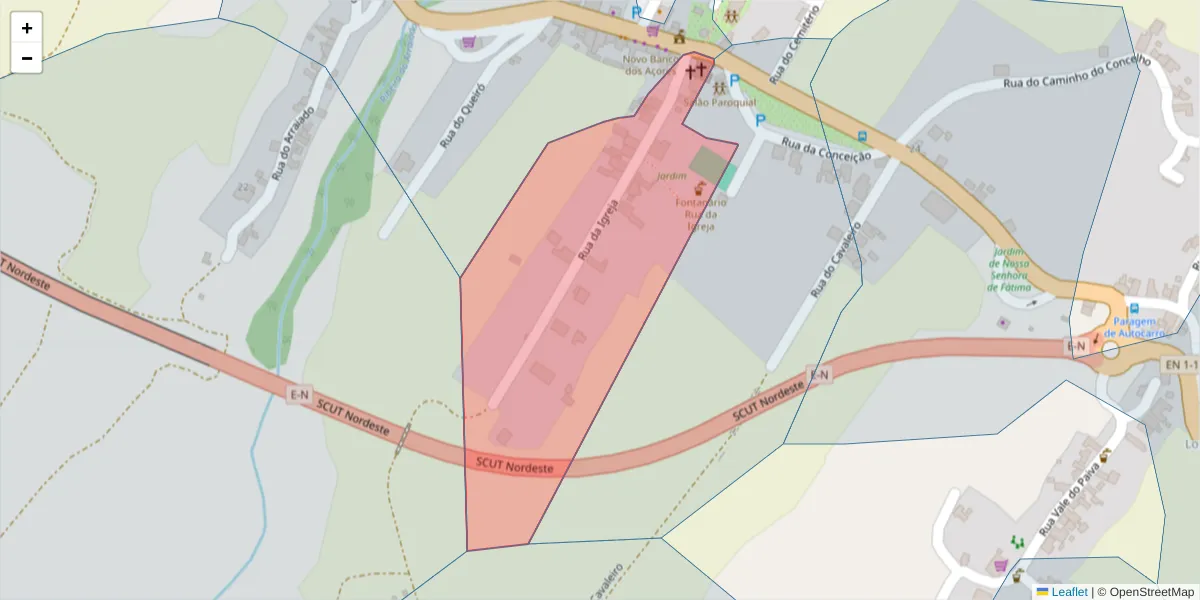 Mapa detalhado do código postal 9630-129 com limites, códigos postais vizinhos e agências dos correios