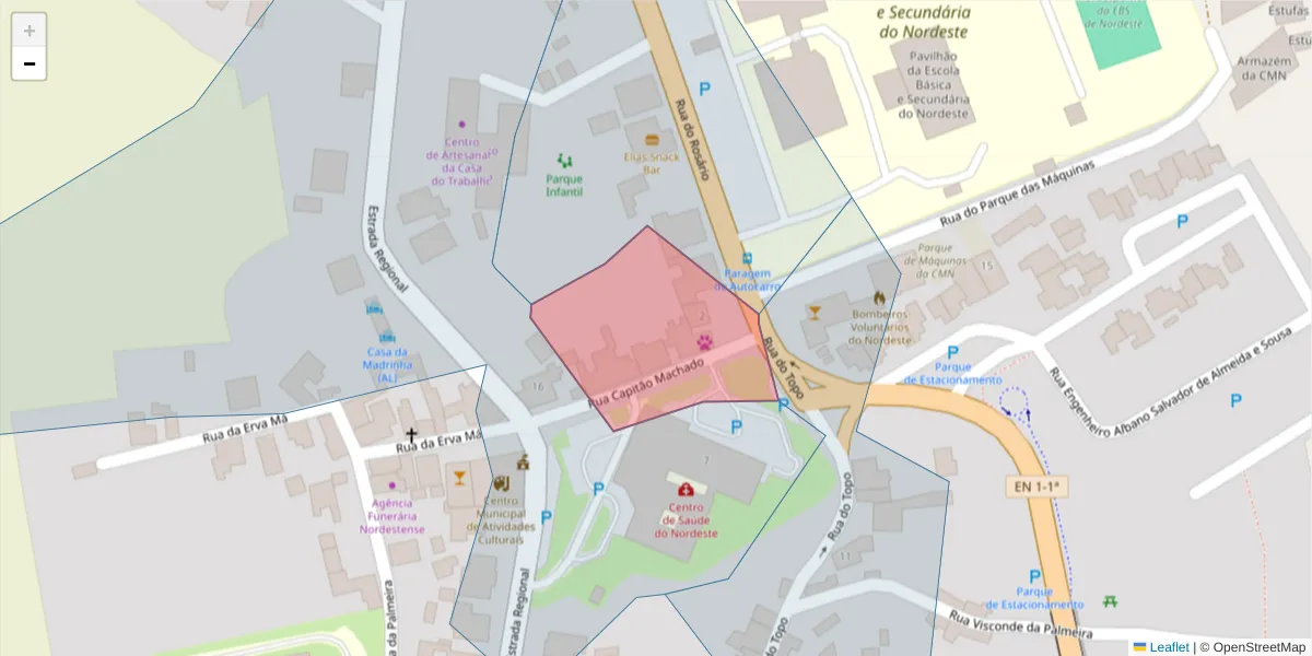 Mapa detalhado do código postal 9630-182 com limites, códigos postais vizinhos e agências dos correios
