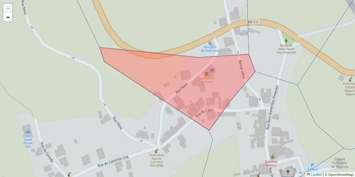 Mapa detalhado do código postal 9630-229 com limites, códigos postais vizinhos e agências dos correios