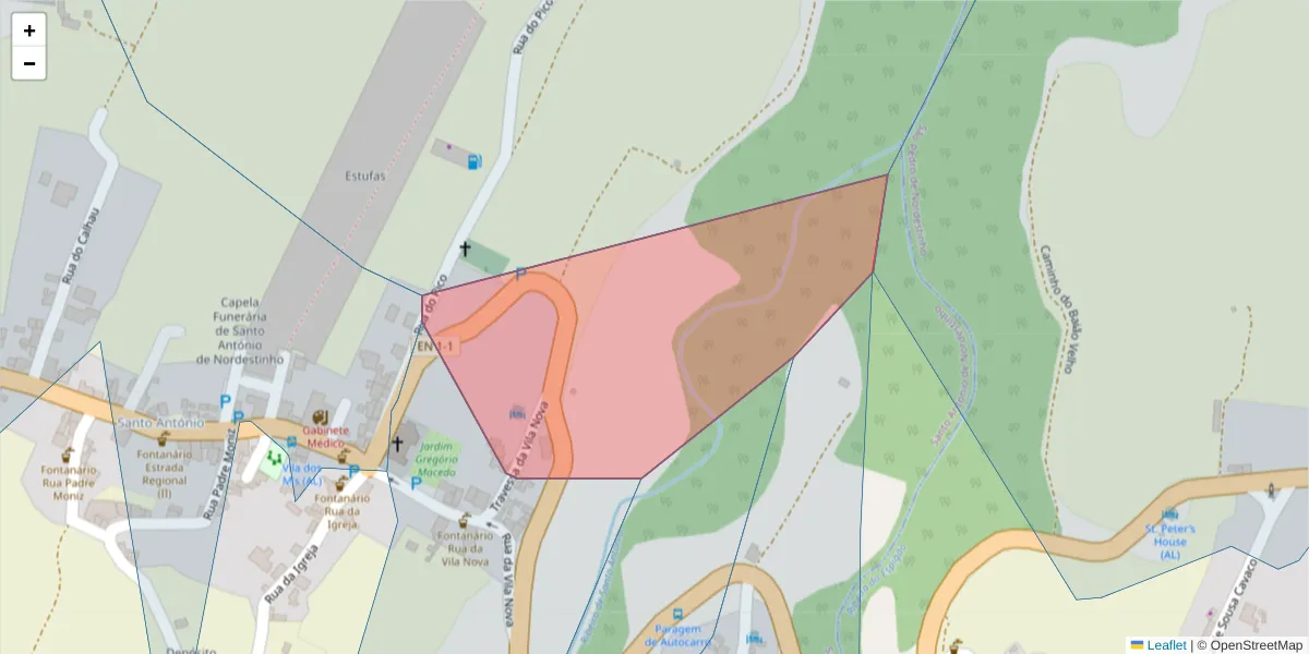 Mapa detalhado do código postal 9630-233 com limites, códigos postais vizinhos e agências dos correios