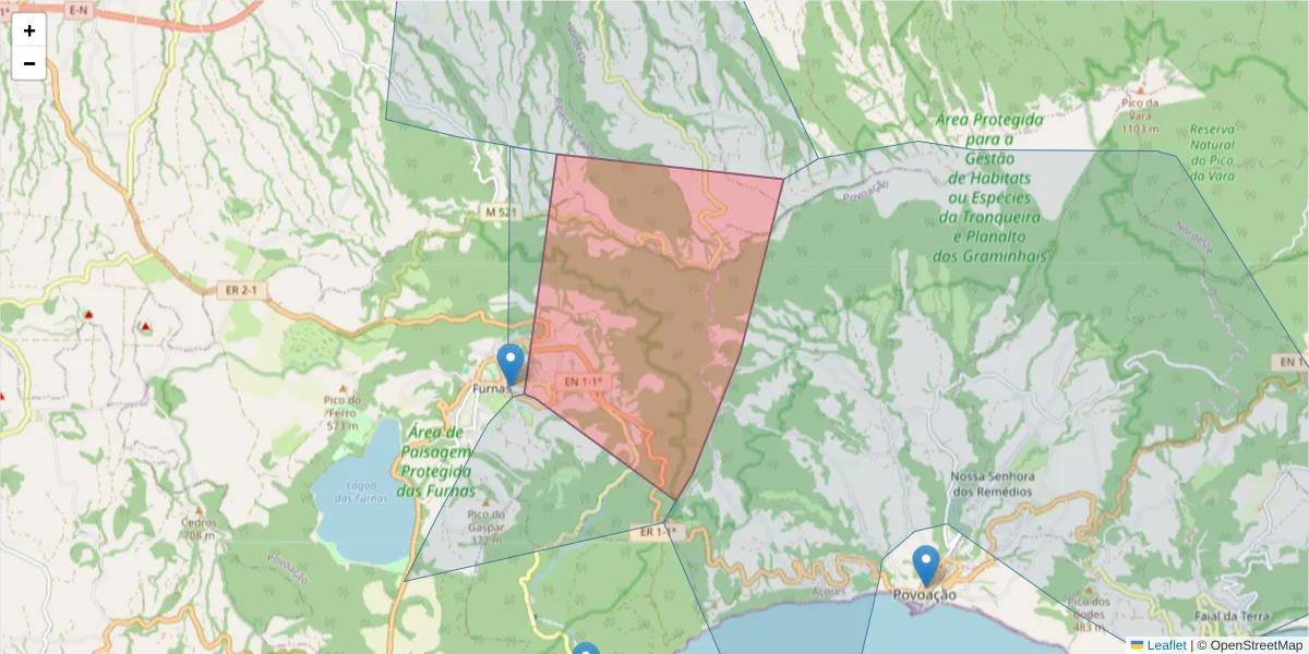 Mapa detalhado do código postal 9675-045 com limites, códigos postais vizinhos e agências dos correios