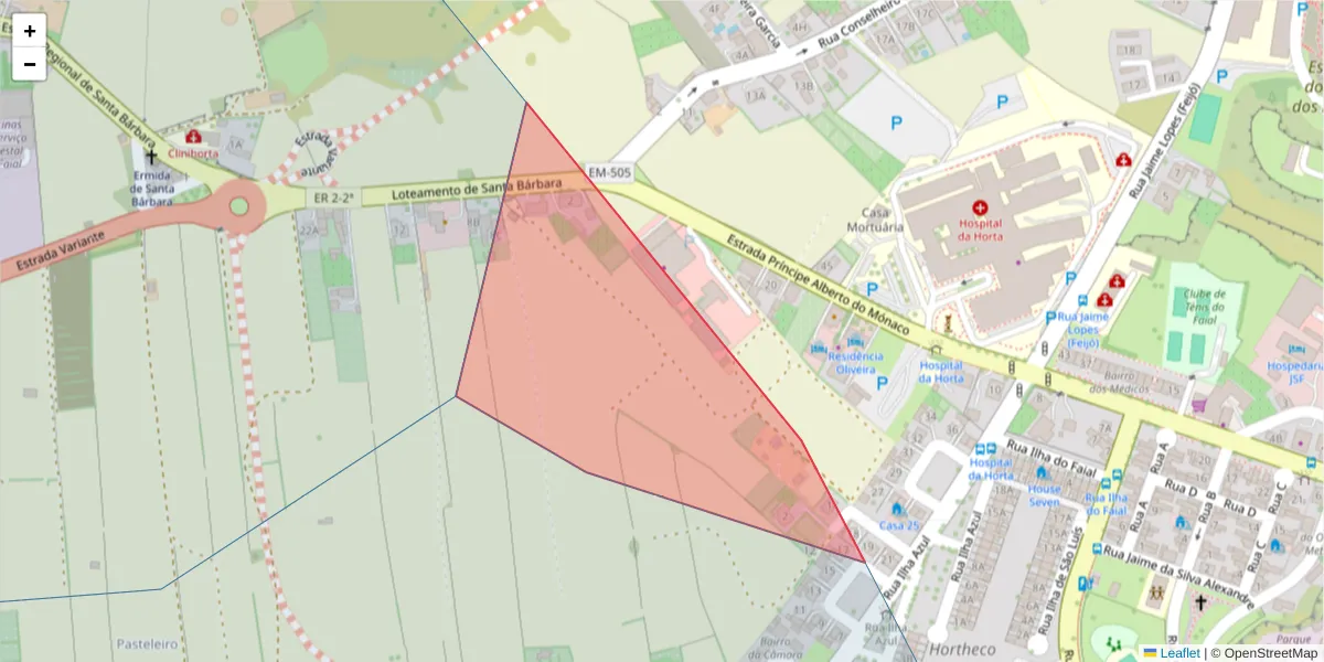 Mapa detalhado do código postal 9900-038 com limites, códigos postais vizinhos e agências dos correios