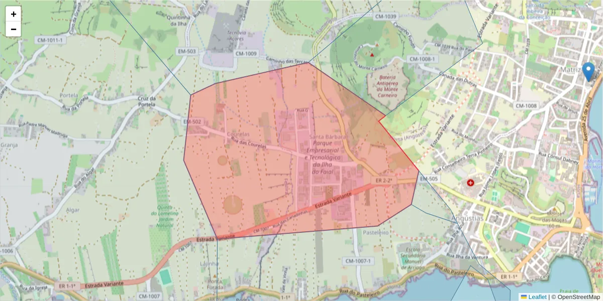 Mapa detalhado do código postal 9900-045 com limites, códigos postais vizinhos e agências dos correios