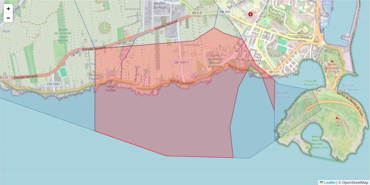 Mapa detalhado do código postal 9900-069 com limites, códigos postais vizinhos e agências dos correios
