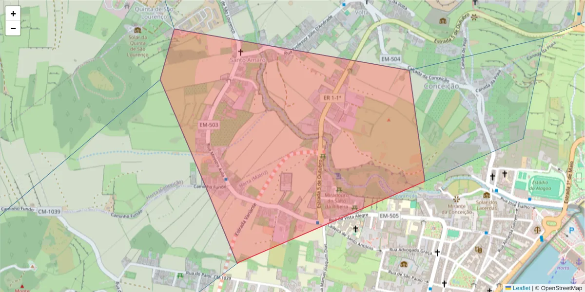 Mapa detalhado do código postal 9900-071 com limites, códigos postais vizinhos e agências dos correios