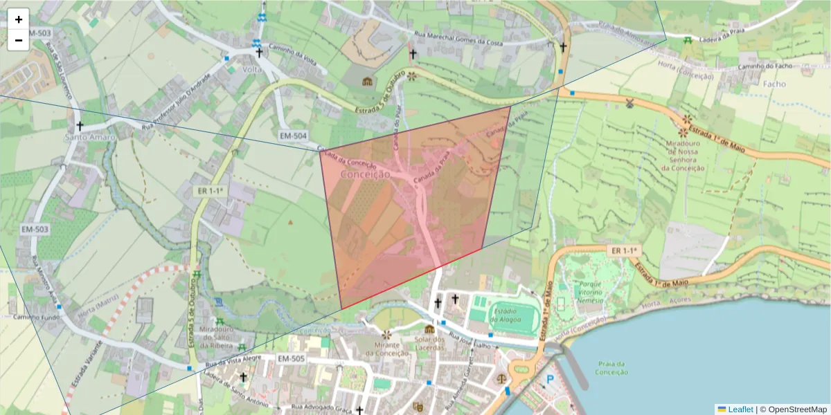 Mapa detalhado do código postal 9900-080 com limites, códigos postais vizinhos e agências dos correios