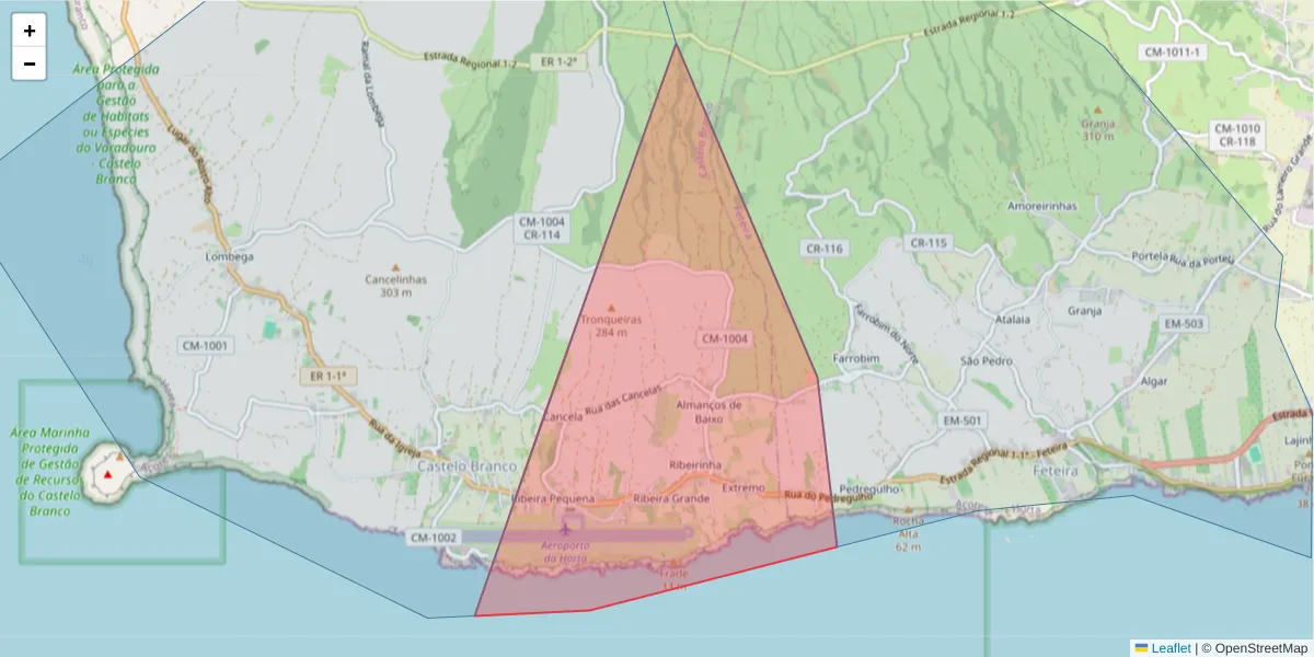 Mapa detalhado do código postal 9900-321 com limites, códigos postais vizinhos e agências dos correios
