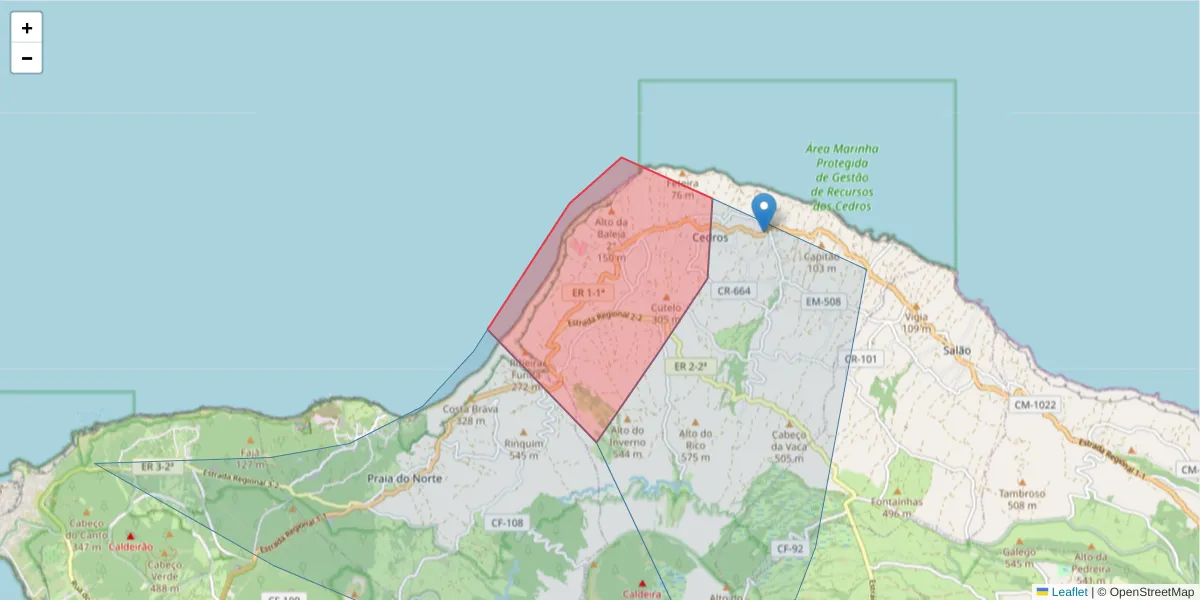 Mapa detalhado do código postal 9900-343 com limites, códigos postais vizinhos e agências dos correios