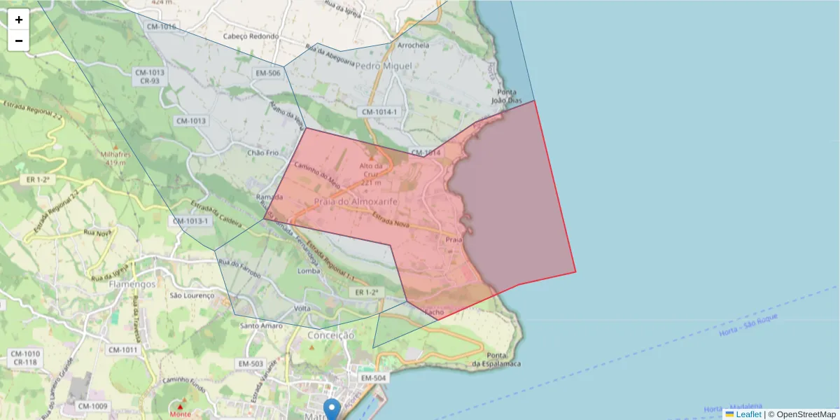 Mapa detalhado do código postal 9900-451 com limites, códigos postais vizinhos e agências dos correios
