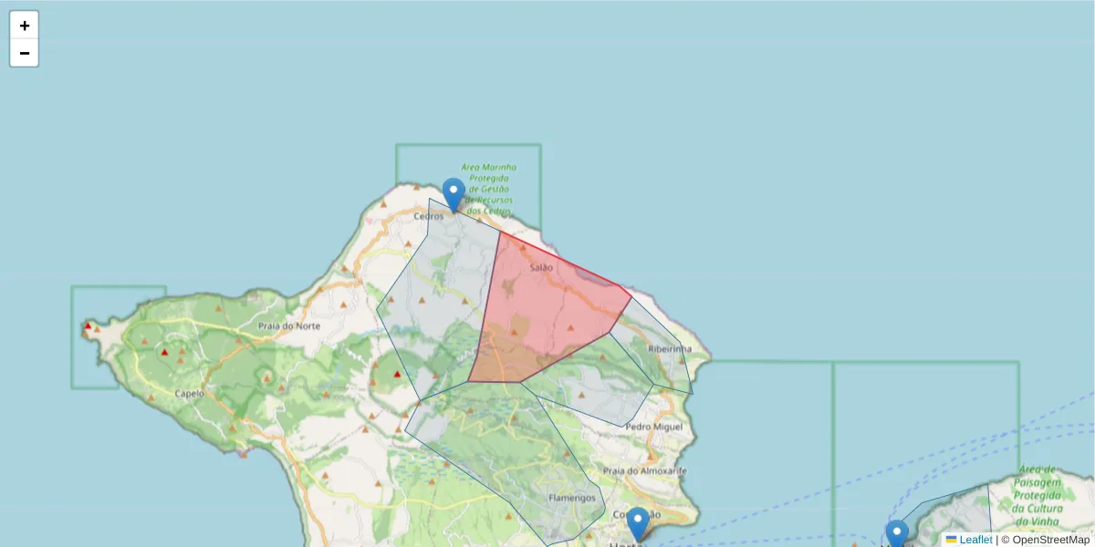 Mapa detalhado do código postal 9900-501 com limites, códigos postais vizinhos e agências dos correios