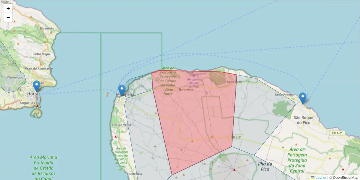 Mapa detalhado do código postal 9950-000 com limites, códigos postais vizinhos e agências dos correios