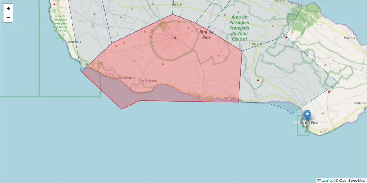 Mapa detalhado do código postal 9950-451 com limites, códigos postais vizinhos e agências dos correios