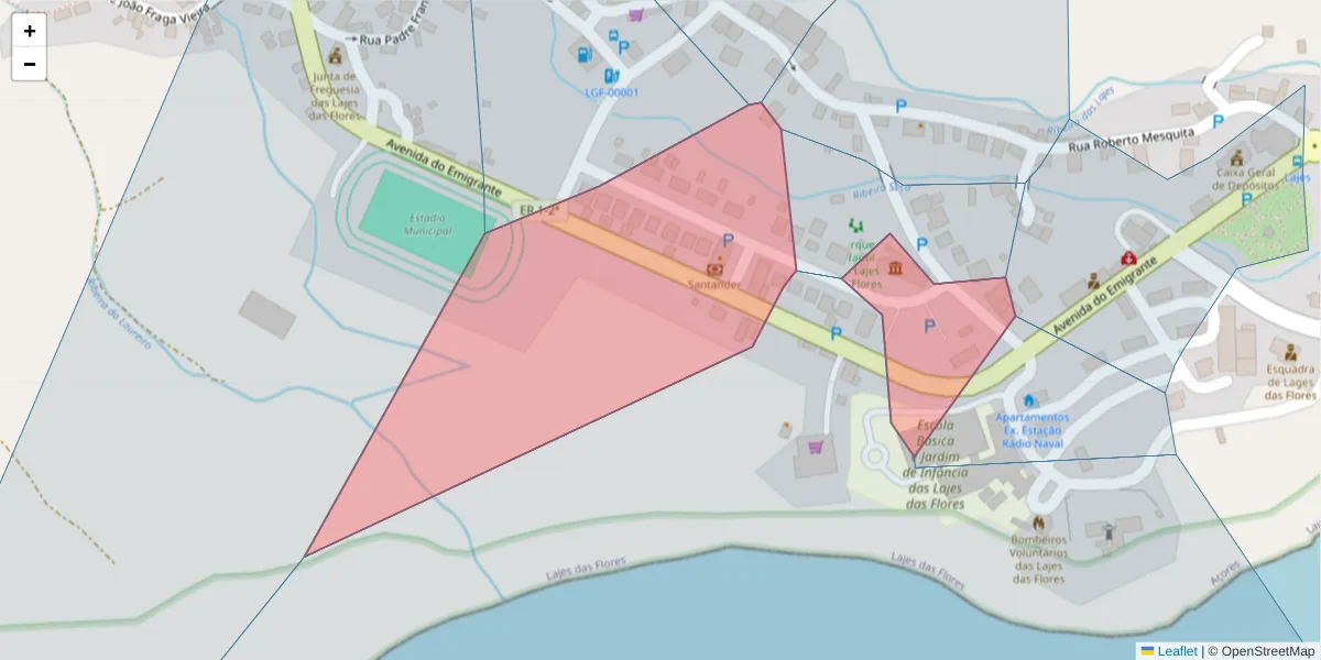 Mapa detalhado do código postal 9960-432 com limites, códigos postais vizinhos e agências dos correios