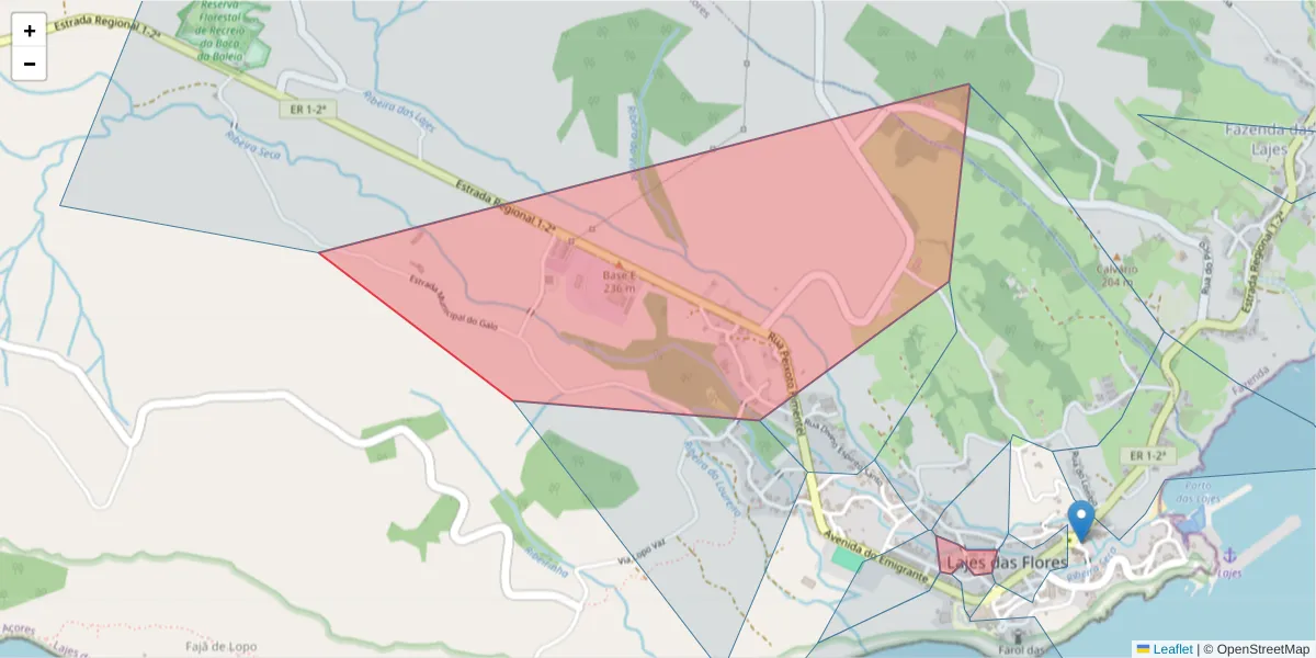 Mapa detalhado do código postal 9960-443 com limites, códigos postais vizinhos e agências dos correios