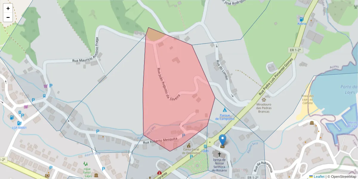 Mapa detalhado do código postal 9960-444 com limites, códigos postais vizinhos e agências dos correios