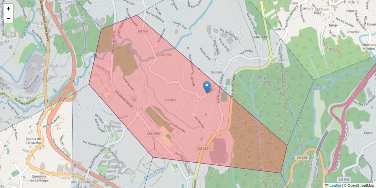 Mapa detalhado do código postal Rua Capela de Santo António com limites, códigos postais vizinhos e agências dos correios